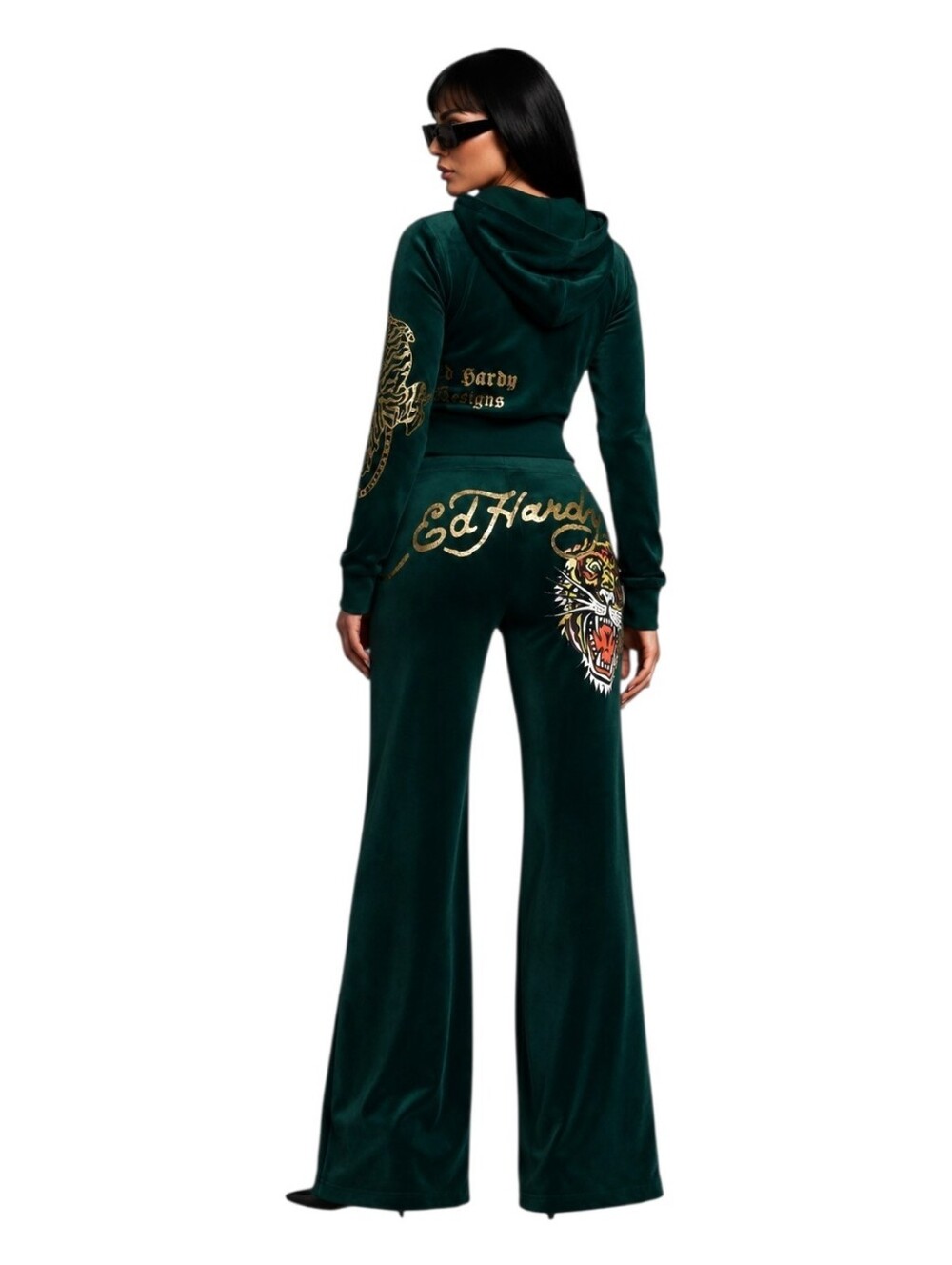 2PC SET ED HARDY Velour Tracksuit Green Tiger WIDE LEG Hoodie Joggers MEDIUM NWT - Picture 2 of 8